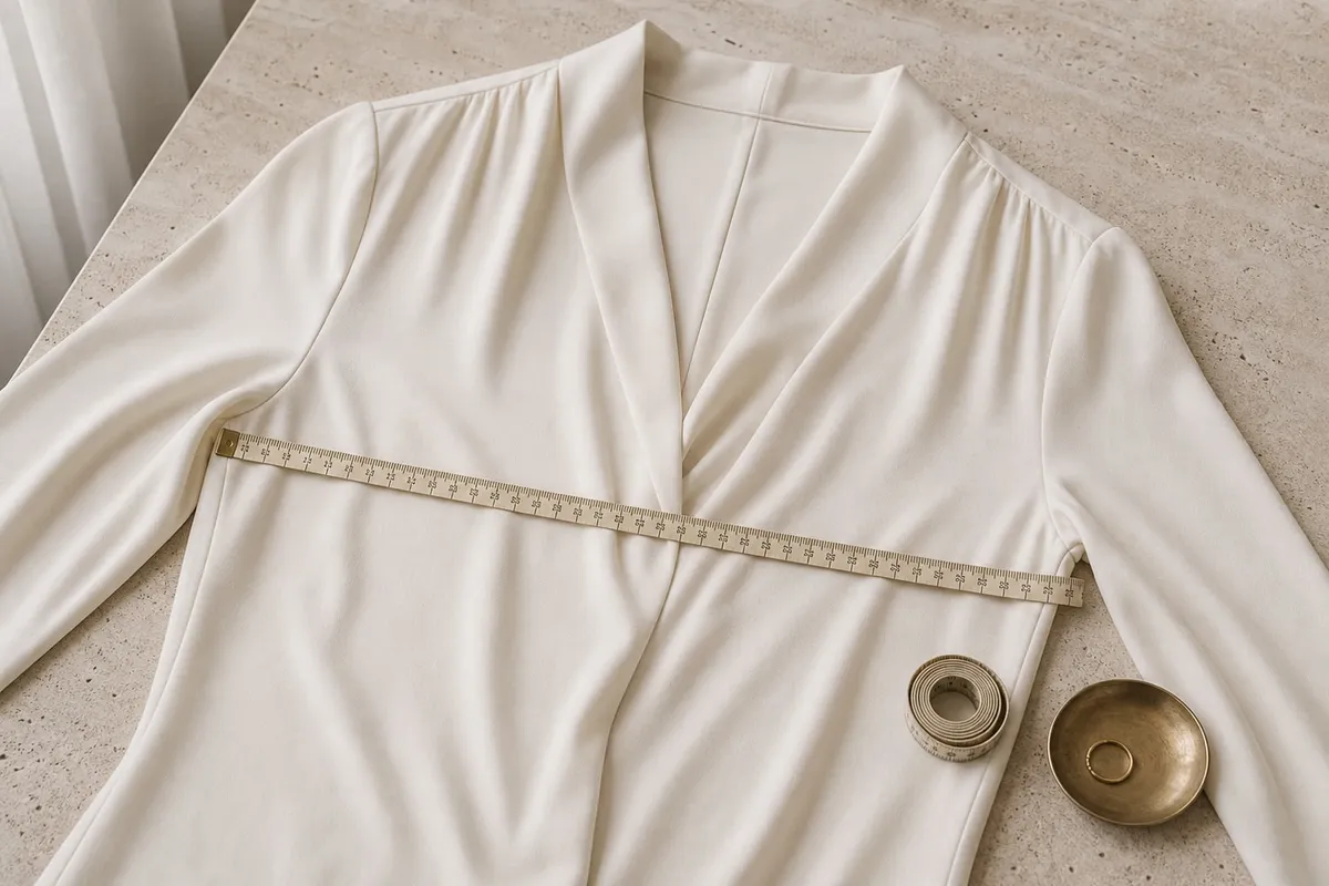 Блузка разложена на столе, сантиметровая лента лежит поперёк груди от одного бокового шва до другого.